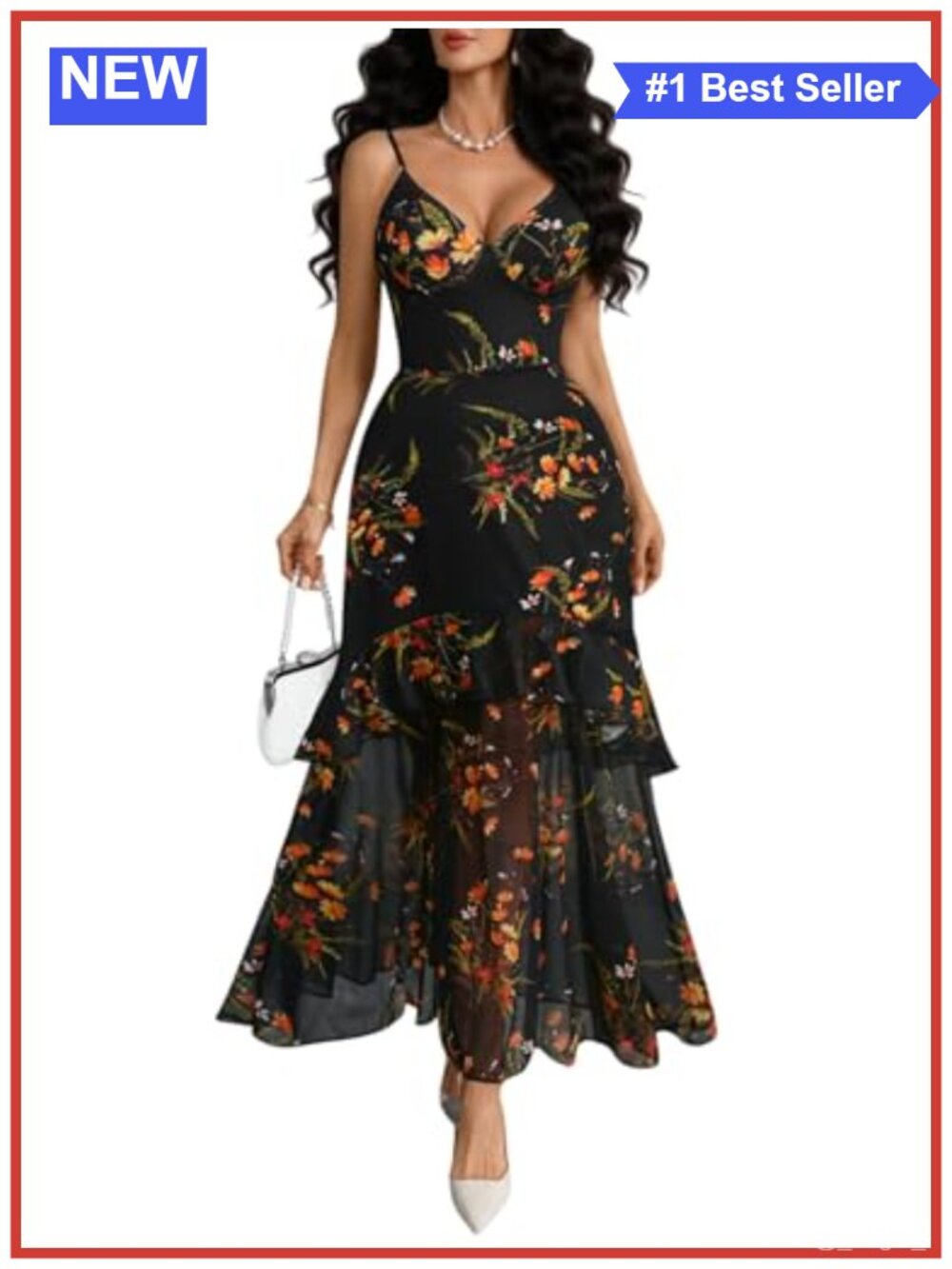 Women Floral Mesh V Neck Spaghetti Strap Ruffle Party Long Dress